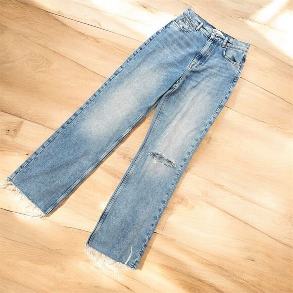 Zara High Rise Denim Wide Straight Leg Jeans 6 Cutoff Distressed - Picture 1 of 8